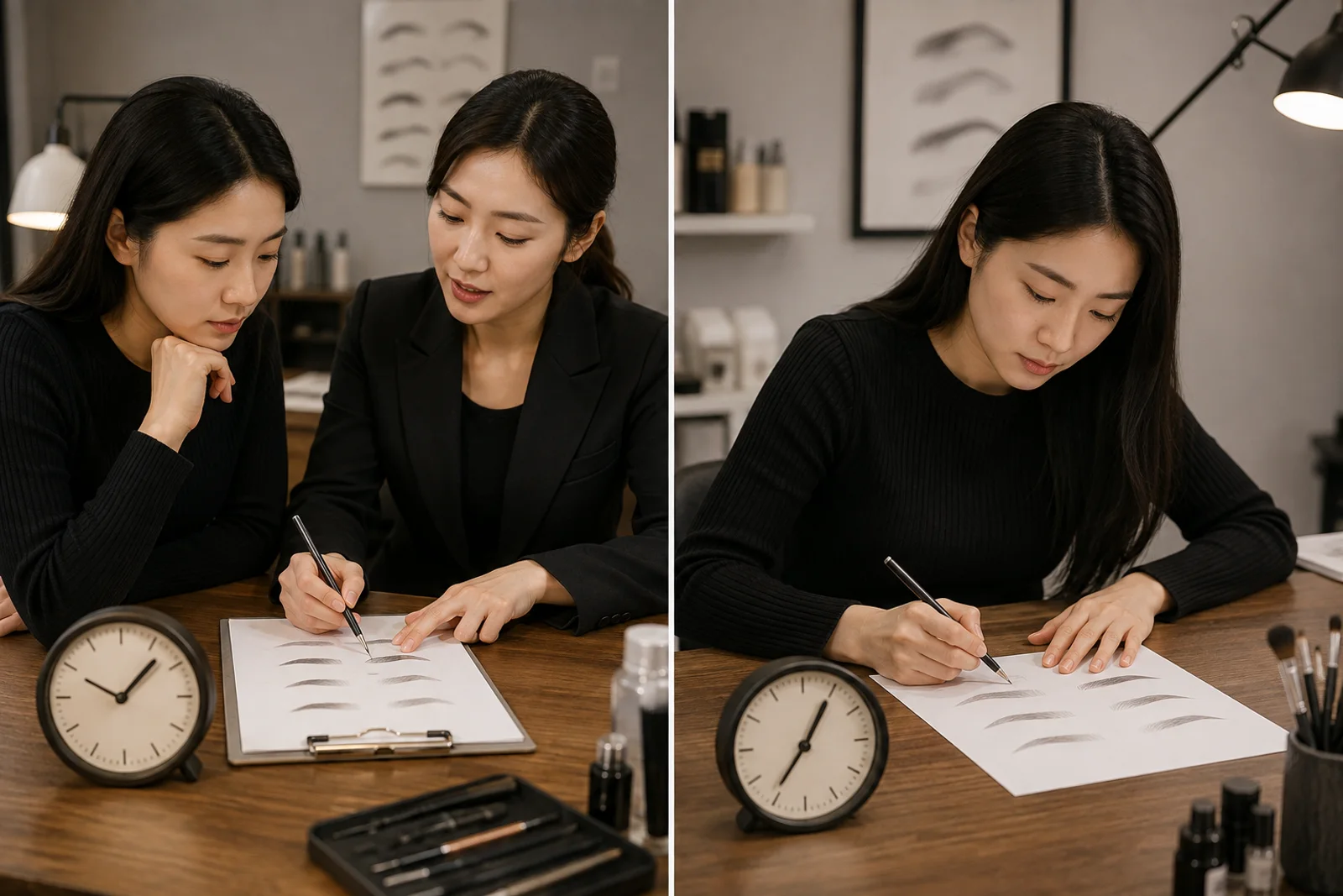 강사 시범 관찰표와 학습자 눈썹 연습지를 두 개의 시계 옆에 나눈 책상