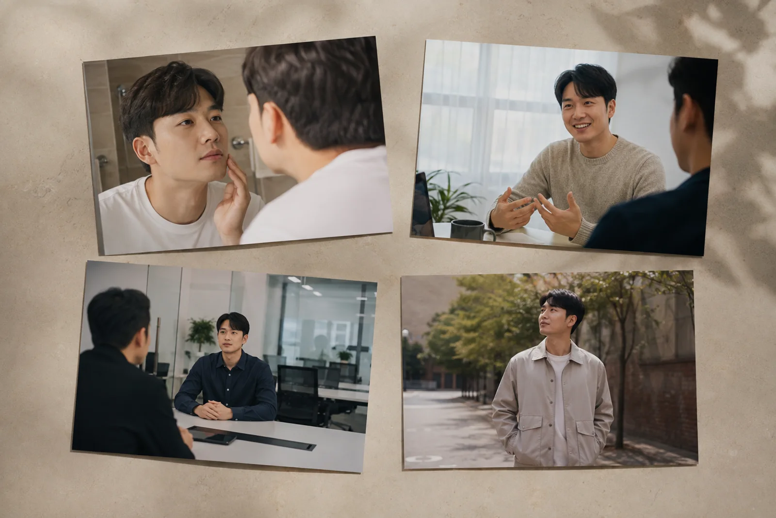 거울 대화 회의 야외 장면을 무문자 네 카드로 나눈 남자눈썹 보드