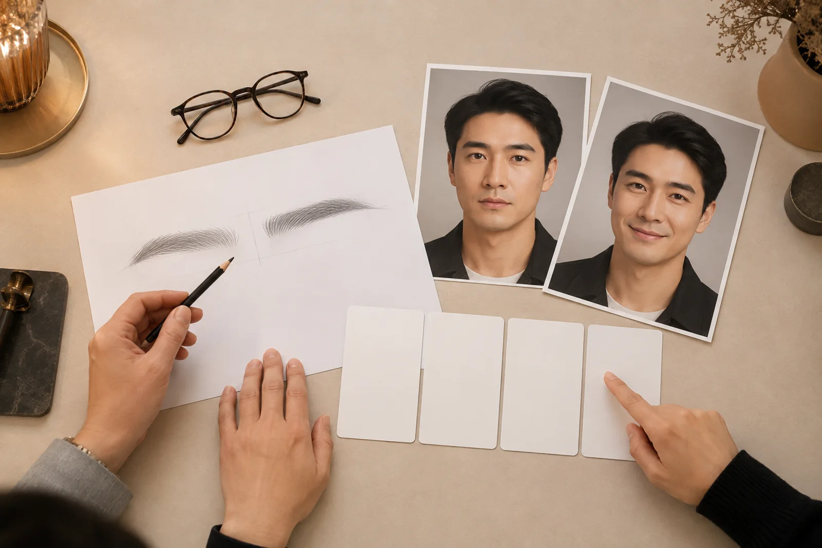 남성 눈썹 털 방향 도안과 안경 쓴 표정 사진을 함께 검토하는 밝은 책상