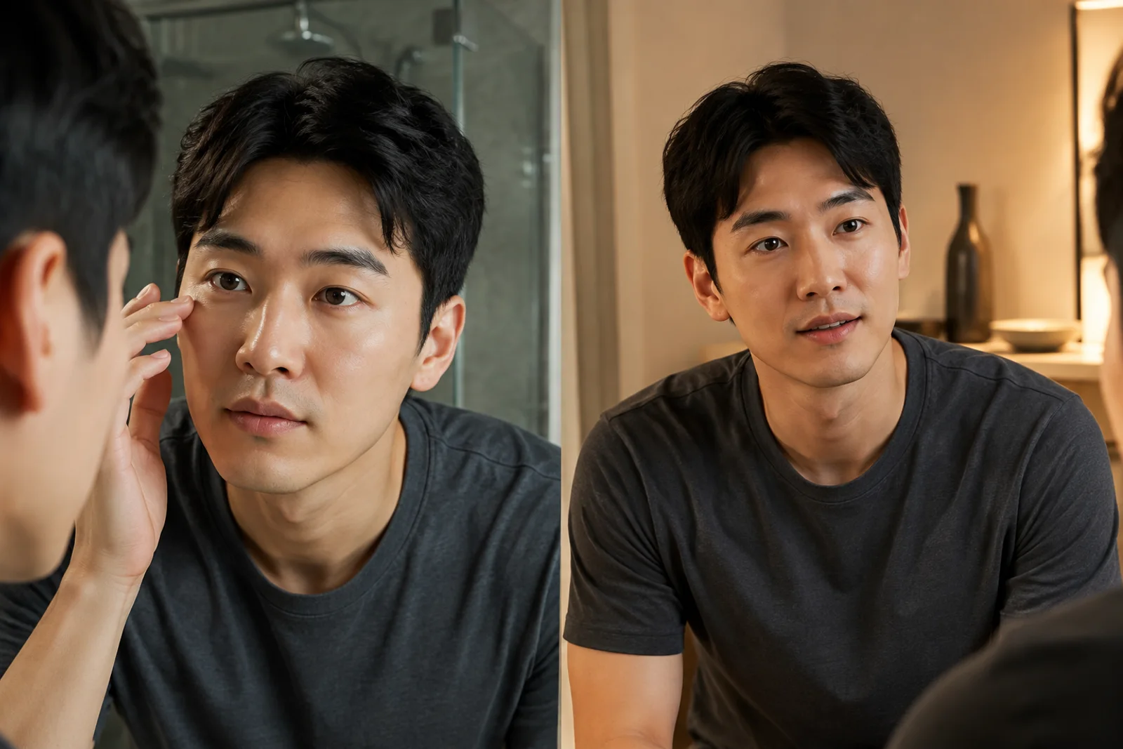 같은 한국 남성의 가까운 눈썹 사진과 대화 거리 얼굴 사진을 나란히 둔 시트