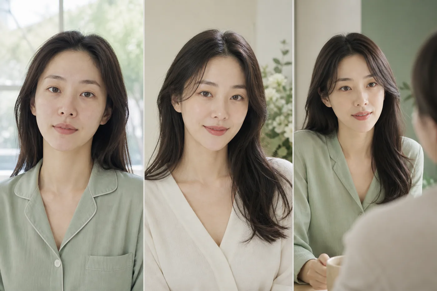 민낯 메이크업 대화 거리의 눈썹 인상을 비교하는 세 장면