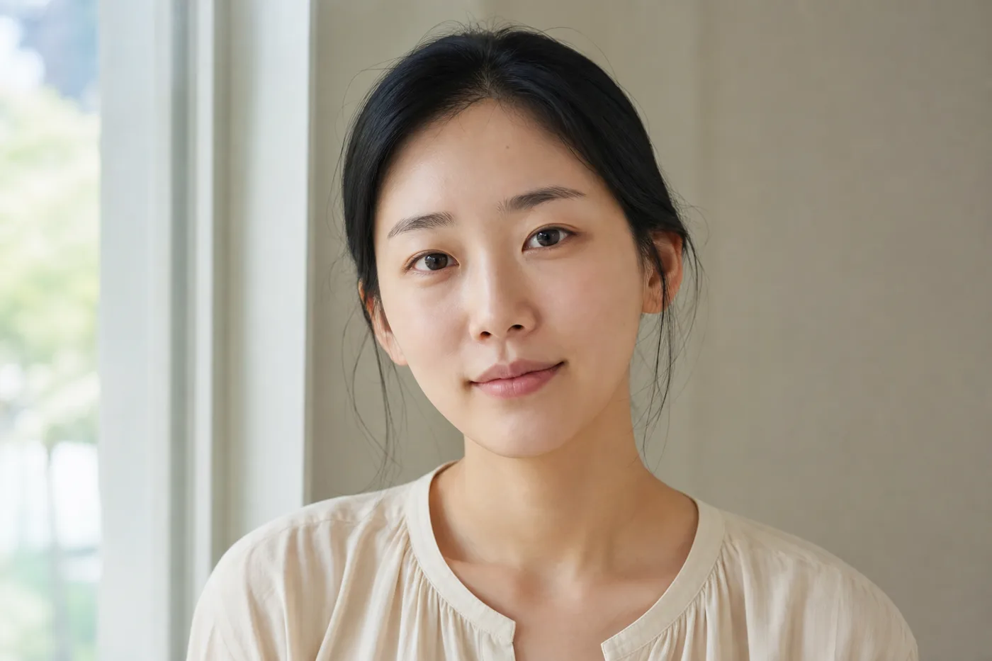 창가 자연광에서 눈썹 주변 화장 없이 얼굴 전체를 기록하는 한국 성인 여성