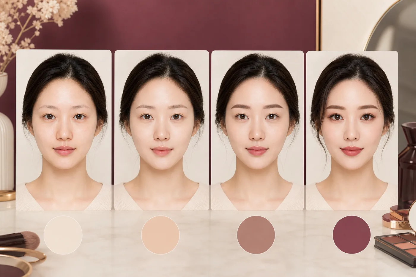 민낯 베이스 평소 눈썹 전체 화장을 같은 여성의 무문자 사진 카드로 나눈 보드