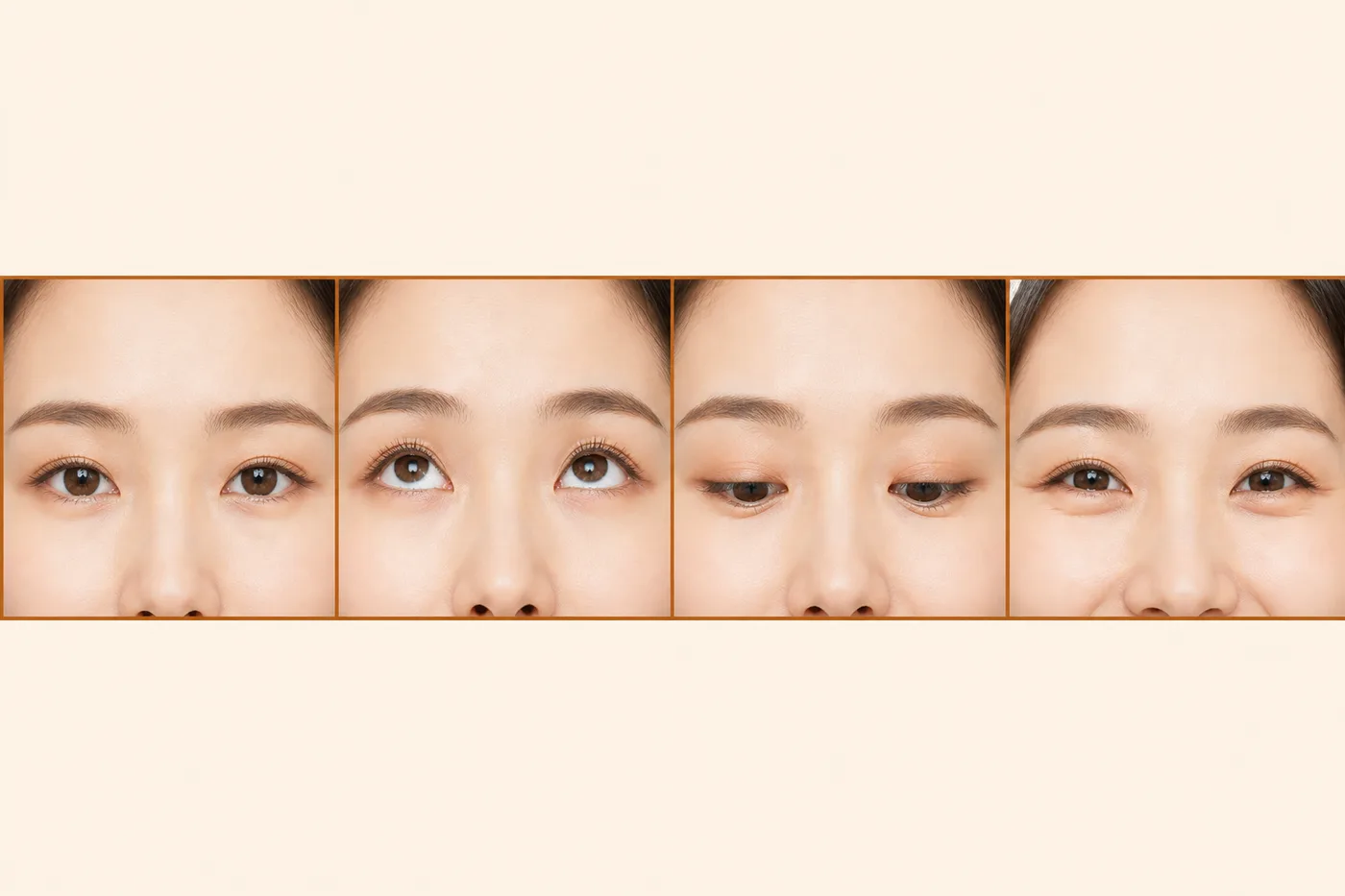 편한 정면 위보기 아래보기 눈감기를 무문자 사진 네 장으로 나눈 에디토리얼 보드