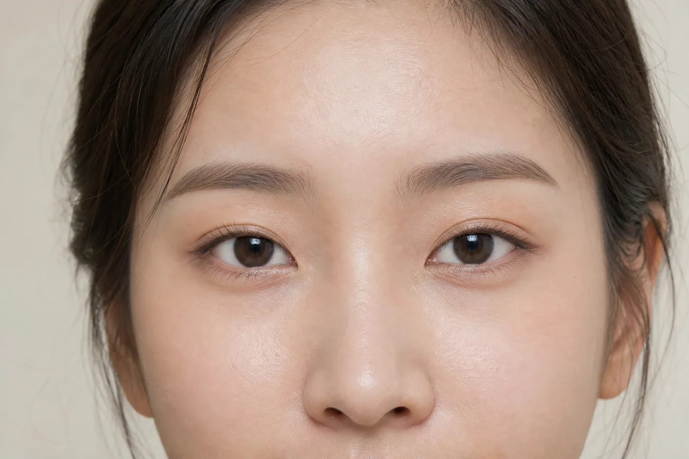 창가 자연광에서 눈에 힘을 빼고 쌍꺼풀과 속눈썹 뿌리를 기록하는 한국 성인 여성