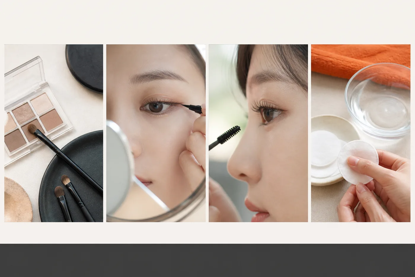 섀도 라인 마스카라 세정을 무문자 사진 네 장으로 나눈 보드