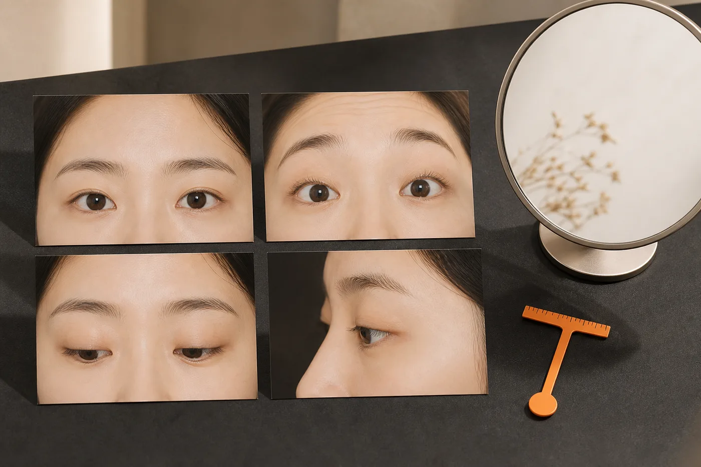 편한 정면 힘준 정면 아래 시선 옆모습을 네 사진 카드로 나눈 보드