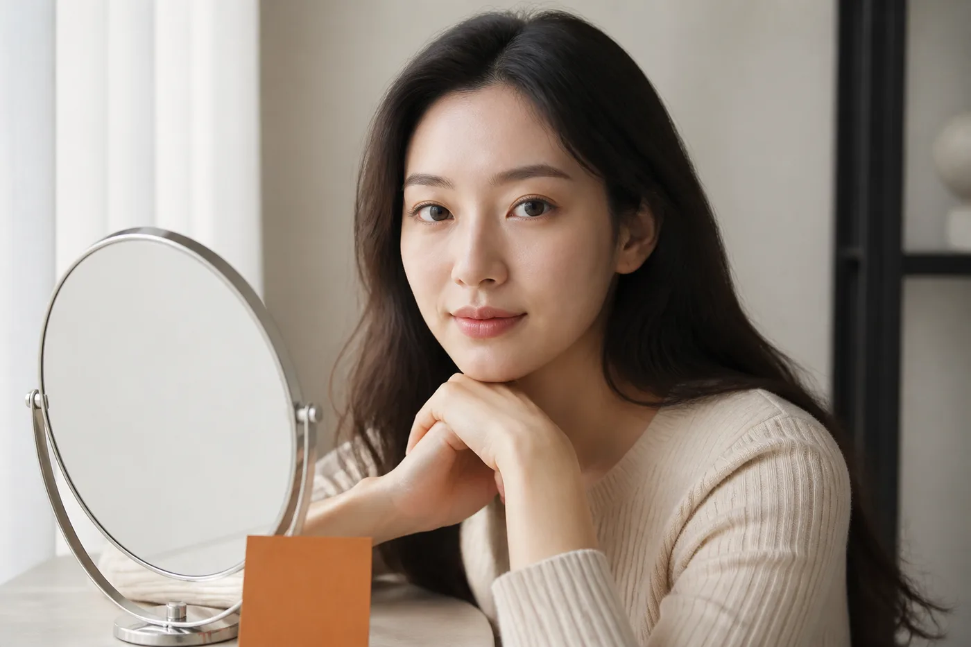 자연광에서 눈과 이마에 힘을 빼고 정면을 보는 한국 여성