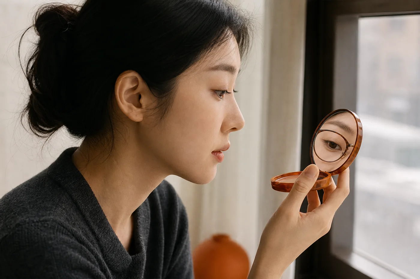 측면 거울에서 속눈썹과 안경 렌즈 사이 거리를 확인하는 한국 여성