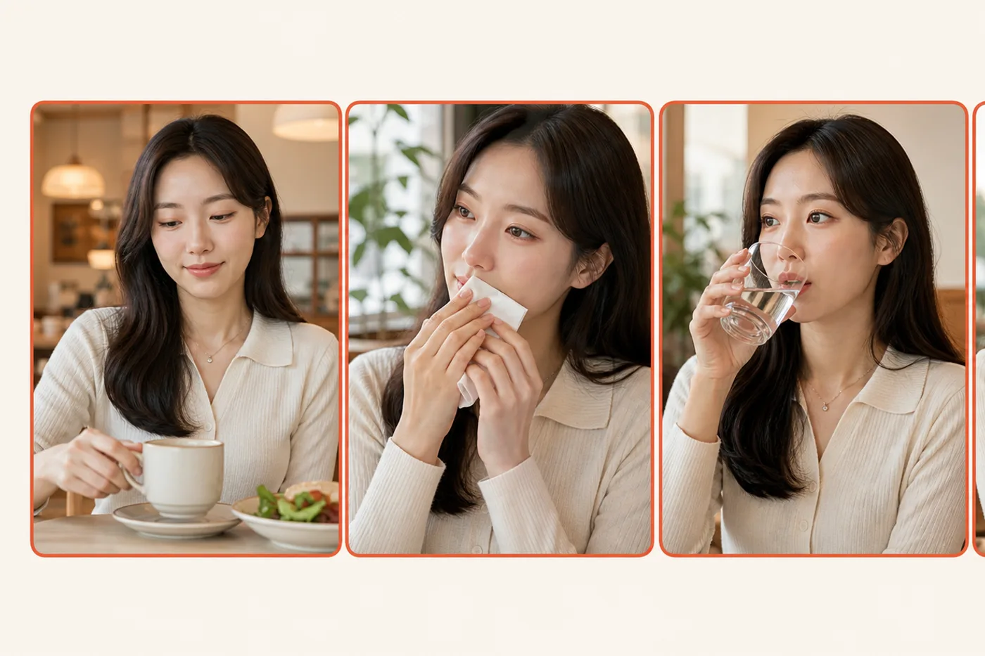 아침 음료 점심 간식 저녁 약속을 무문자 사진 네 장으로 나눈 에디토리얼 보드