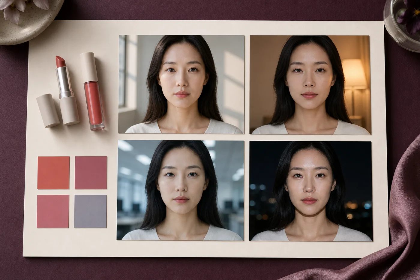 창가 실내 사무실 저녁 조명 사진 네 장을 보드에 나란히 놓은 장면