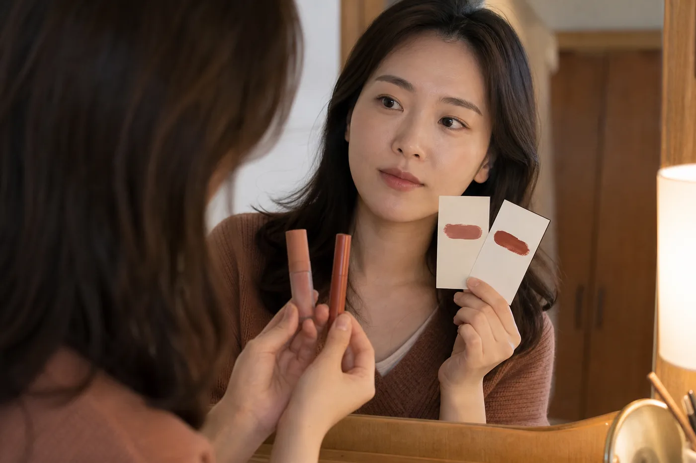 집 거울 앞에서 무표기 립 제품을 바르기 전후로 확인하는 한국 여성