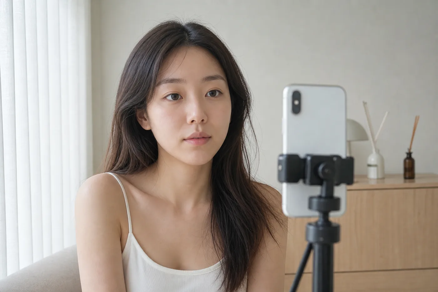 창가의 부드러운 자연광에서 필터 없이 얼굴과 입술을 기록하는 한국 여성