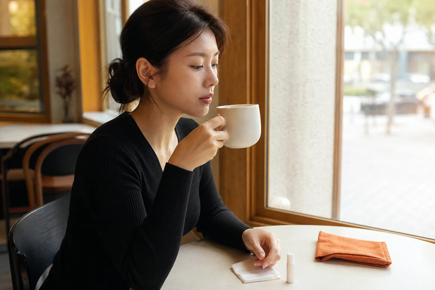 카페 창가에서 컵과 입술 사이 거리를 살피는 한국 성인 여성
