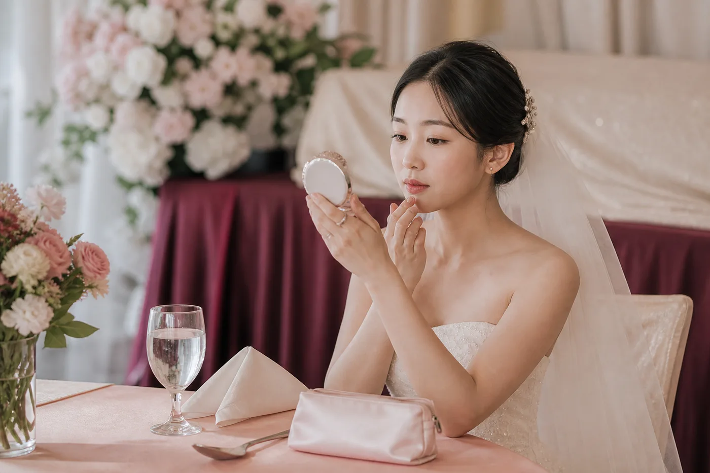 거울과 물컵을 두고 입술 수정 습관을 확인하는 한국 예비 신부