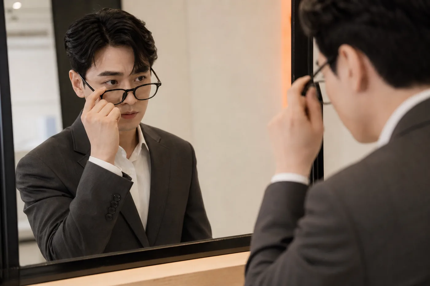 사진관 거울 앞에서 안경과 정장 상반신을 확인하는 한국 성인 남성