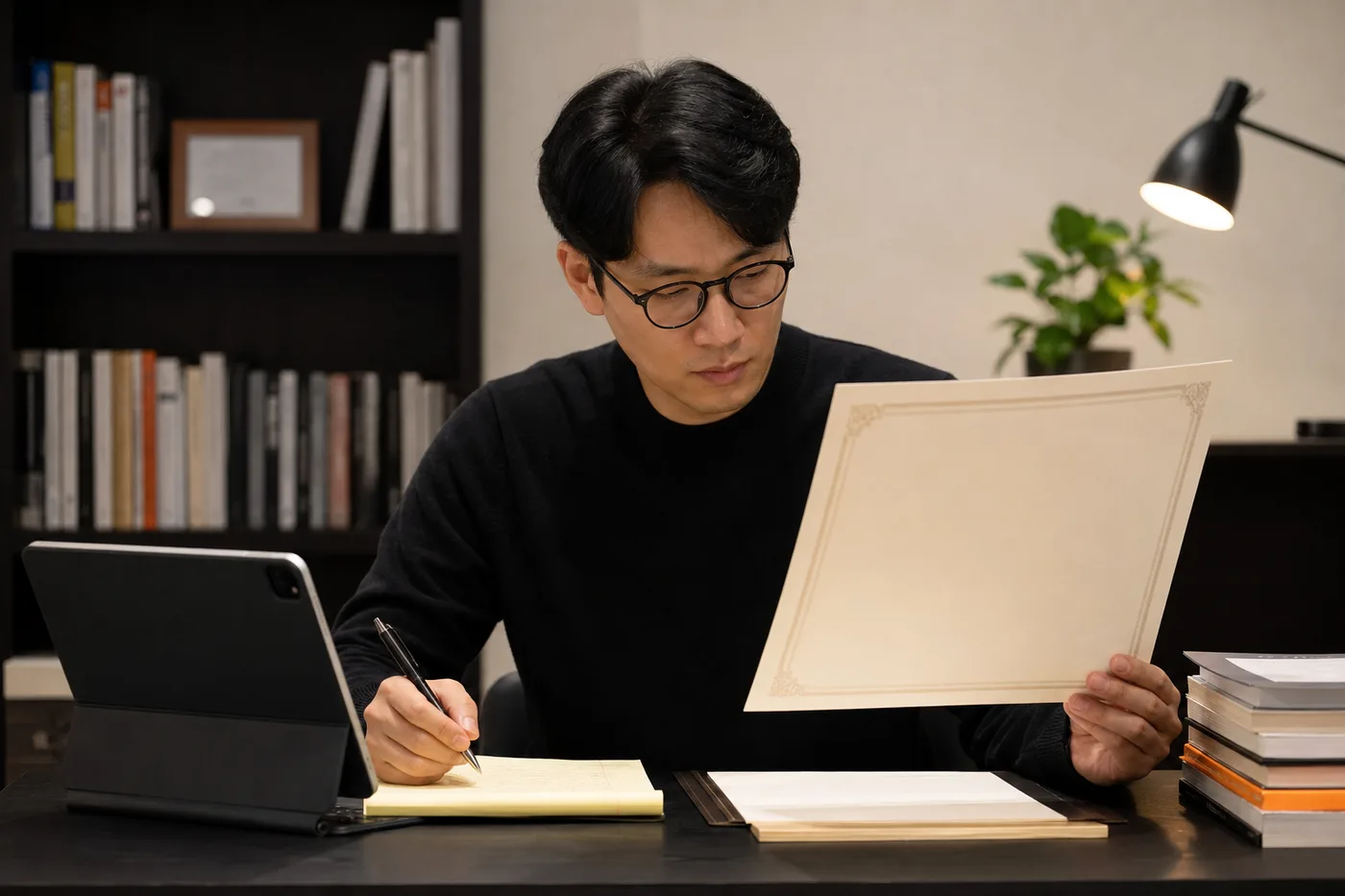 기관명과 조회 경로를 태블릿과 문서로 대조하는 성인 학습자