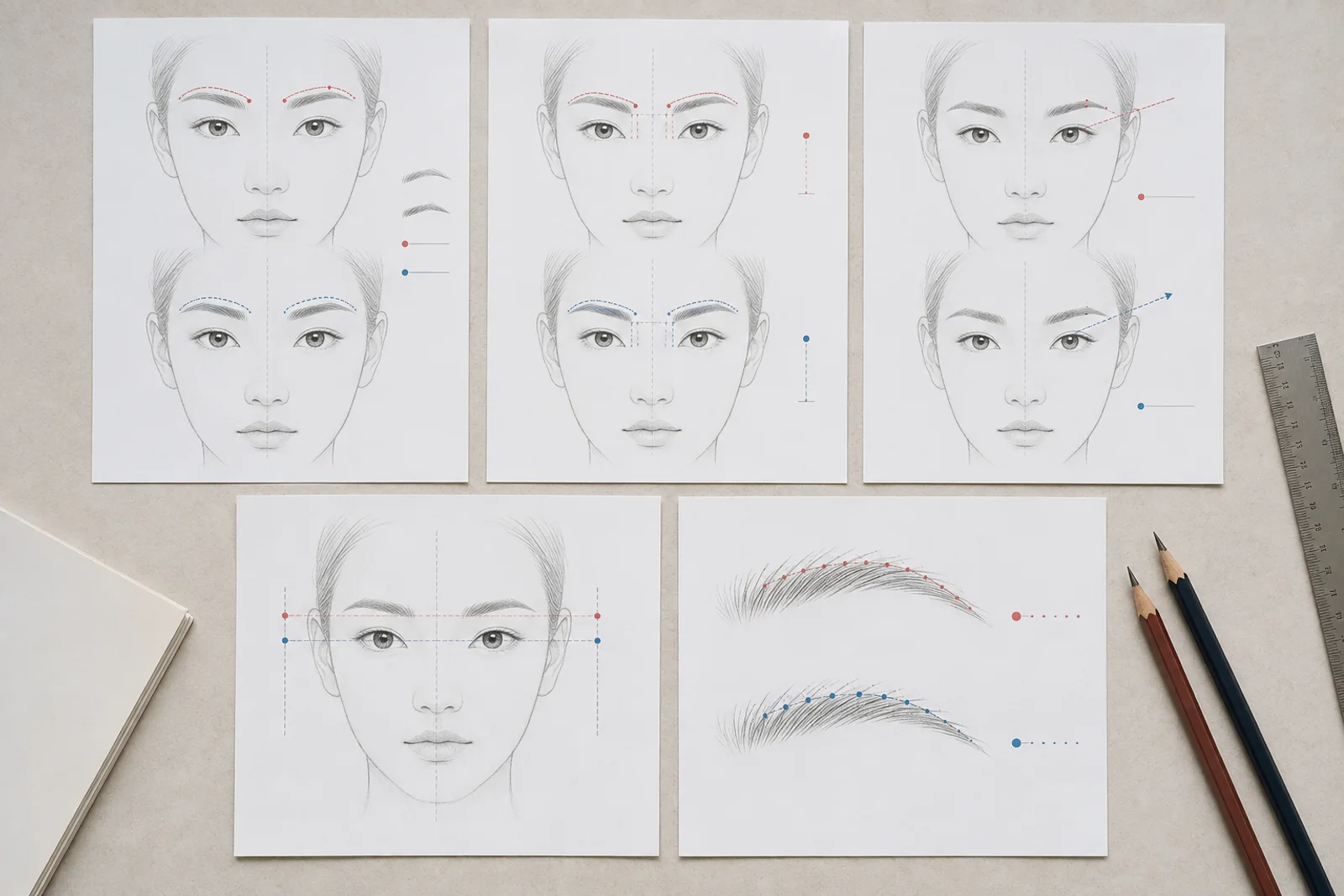 같은 얼굴 도안에서 눈썹 굵기 간격 각도를 한 번에 하나씩 바꾼 연습지