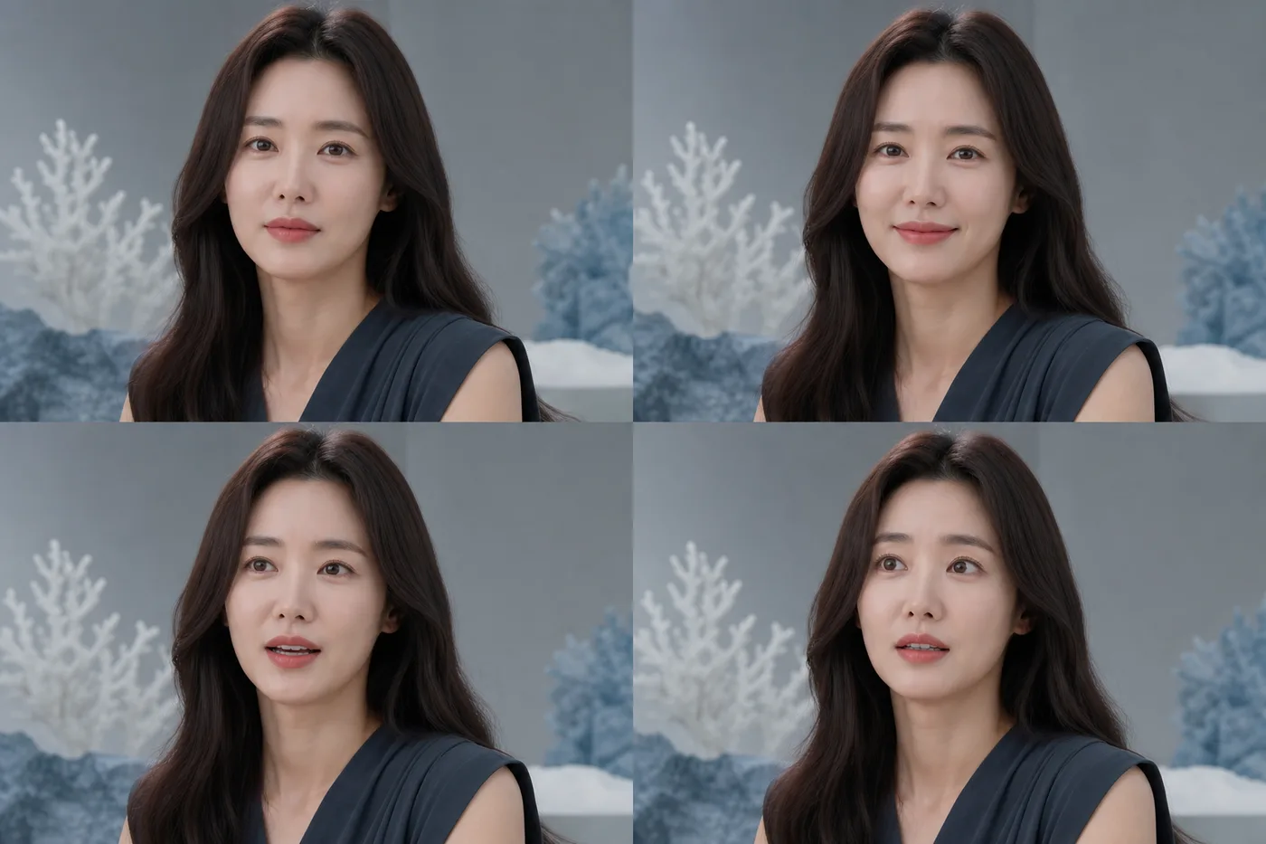 무표정 미소 대화 눈을 크게 뜬 모습을 네 프레임으로 구성한 한국 여성
