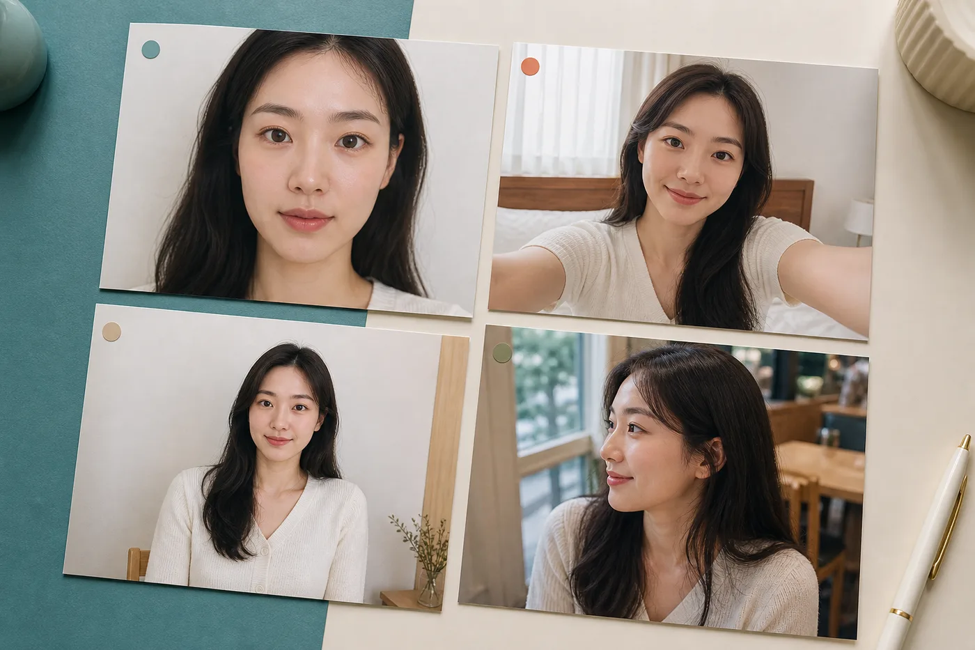 얼굴 전체 팔 길이 상반신 타인 촬영을 같은 여성의 무문자 사진 카드로 나눈 보드