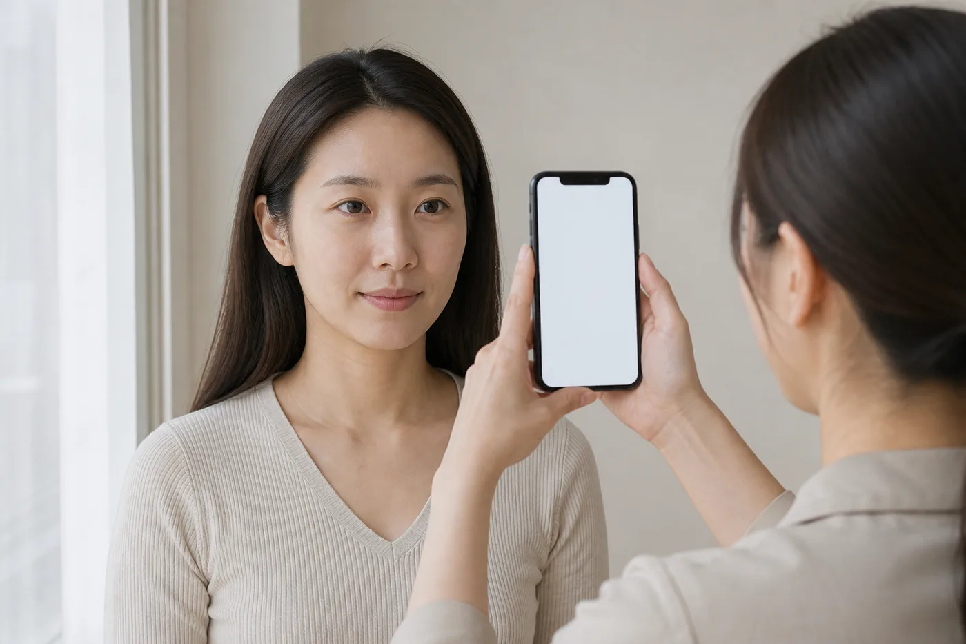 창가에서 후면 카메라로 이마부터 어깨까지 얼굴 전체를 기록하는 한국 성인 여성