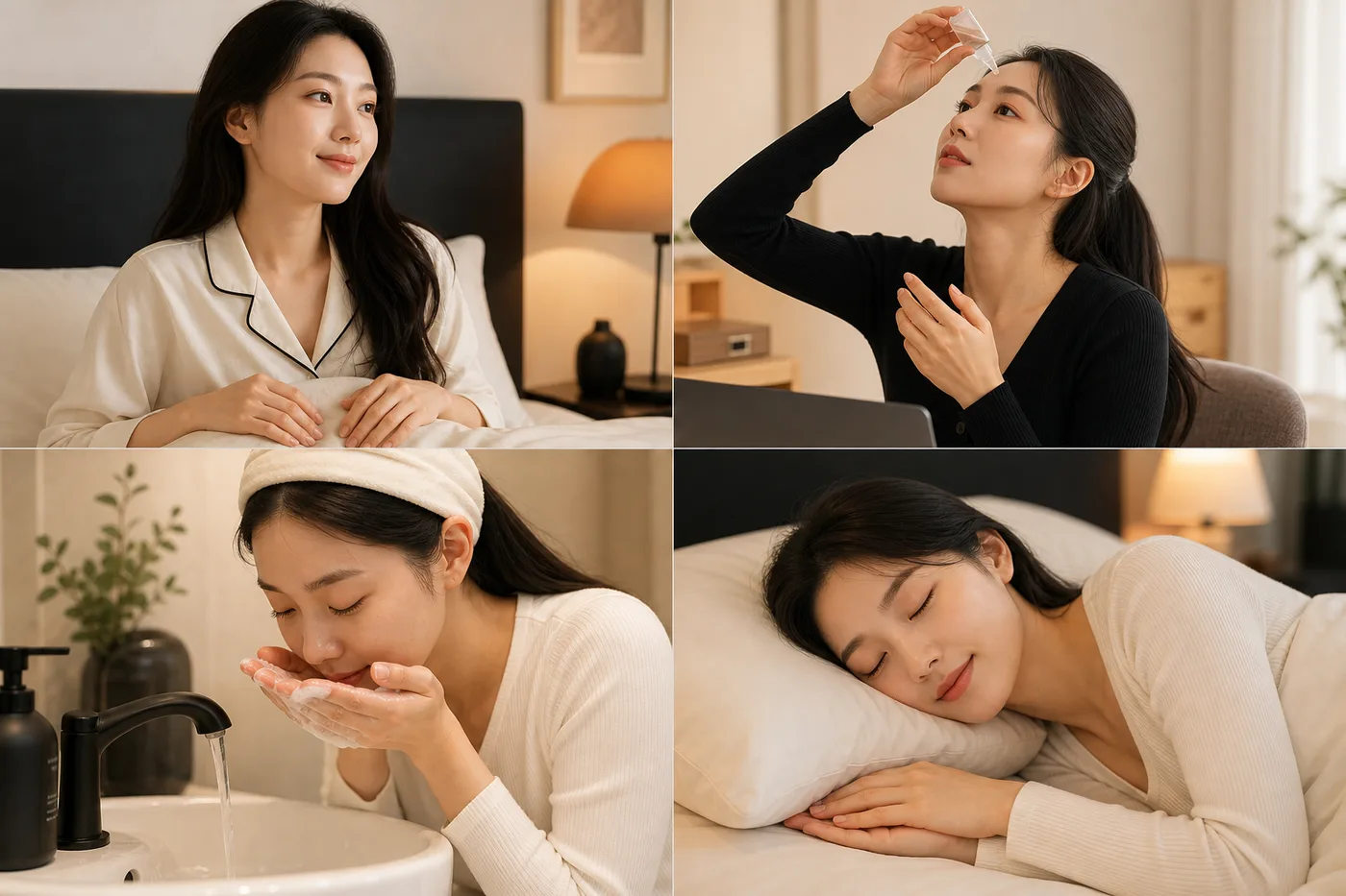 기상 안약 세안 수면의 손 위치를 무문자 사진 네 장으로 나눈 보드