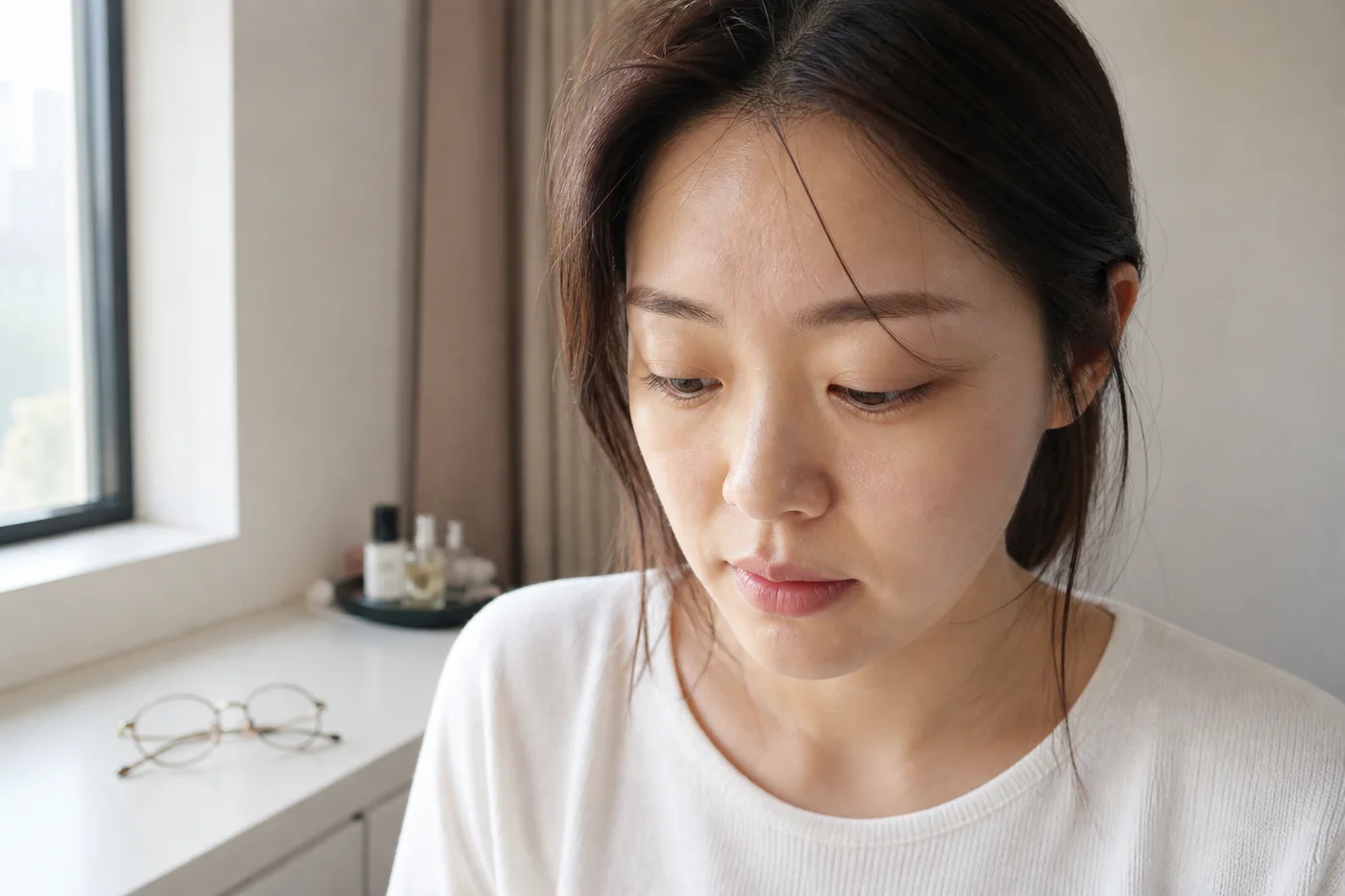 안경을 벗고 자연광에서 눈두덩이와 속눈썹 방향을 확인하는 한국 여성