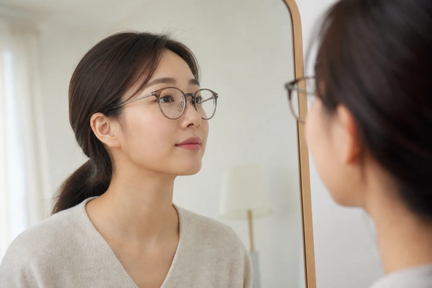 평소 높이로 안경을 쓴 반측면에서 속눈썹과 렌즈면의 관계를 살펴보는 한국 여성