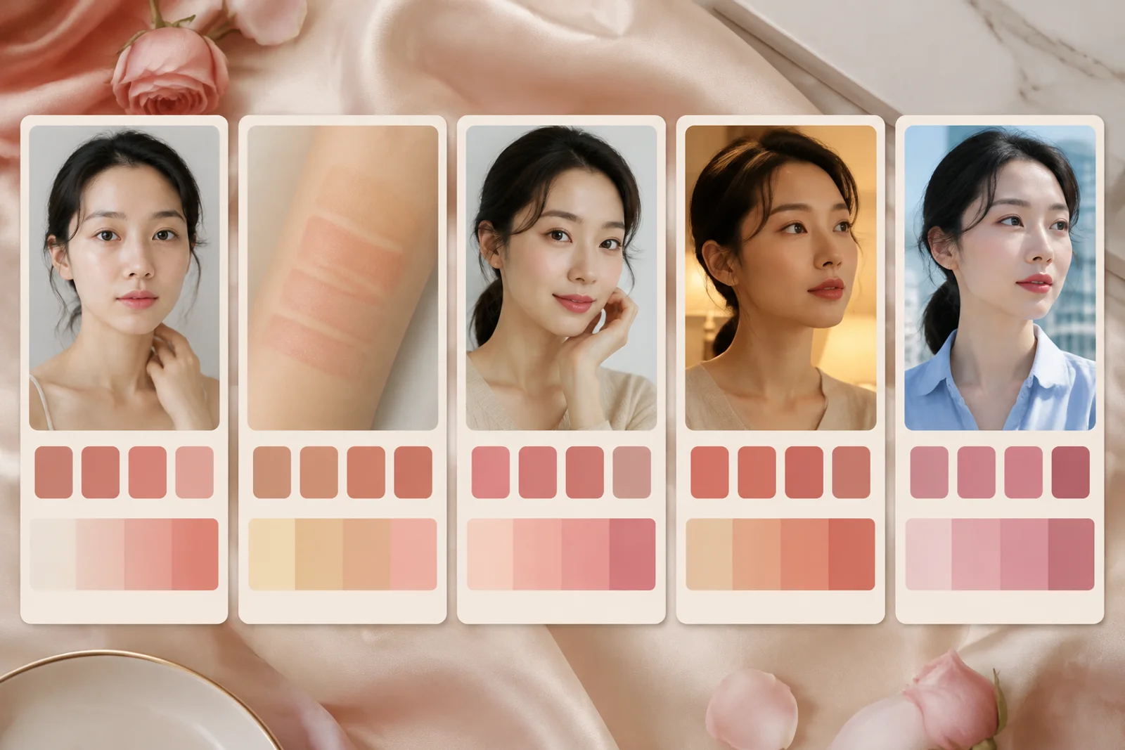 생기 밝기 온도 선명함 경계를 무문자 색 카드 다섯 칸으로 나눈 상담 보드