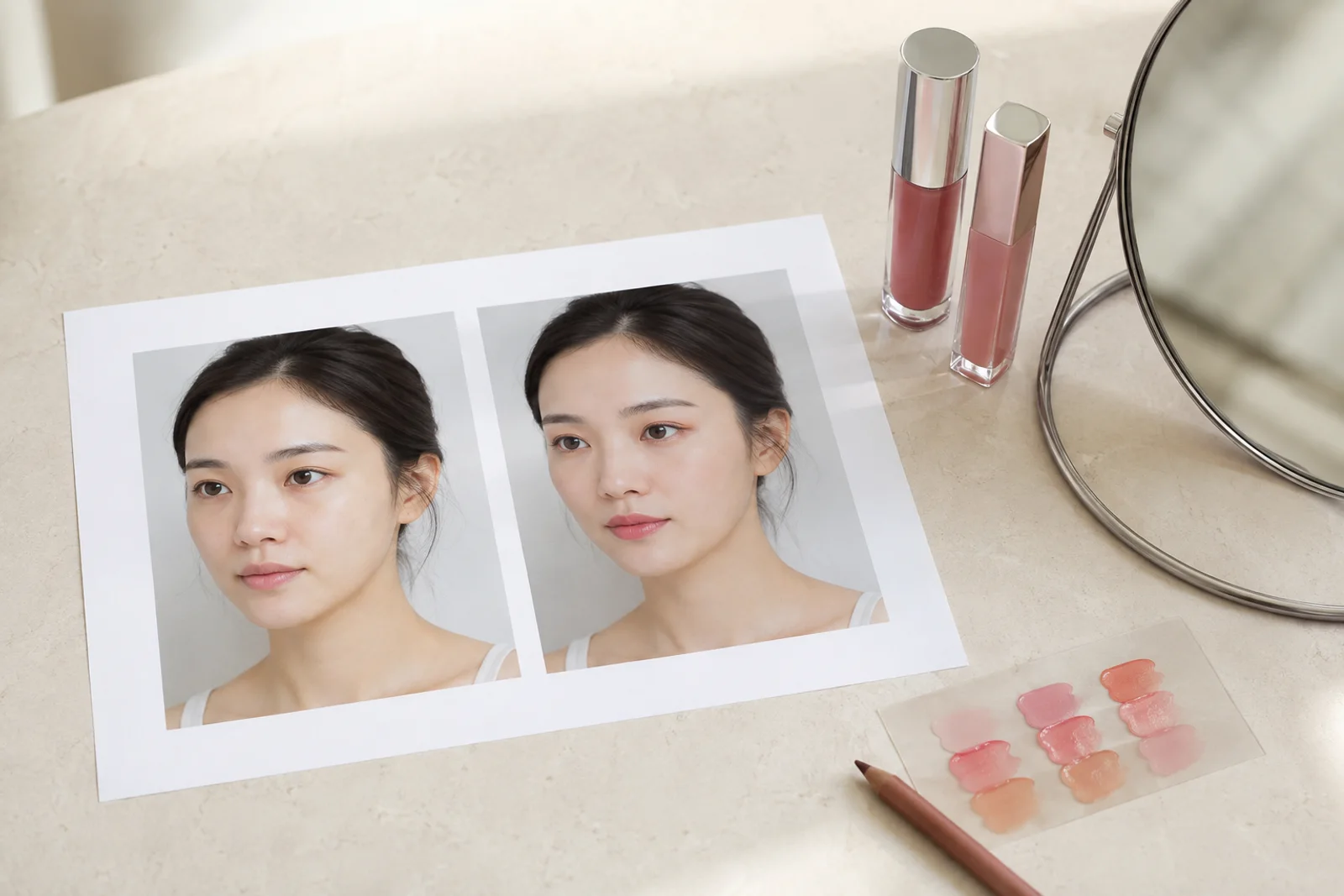 흰 종이와 립 제품 두 개 및 자연광 얼굴 사진을 함께 둔 밝은 상담 책상