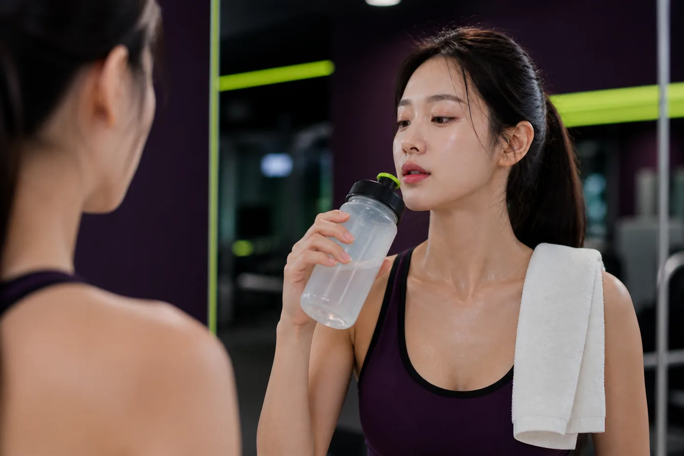 체육관 거울 앞에서 스포츠 물병과 입술 거리를 확인하는 한국 성인 여성