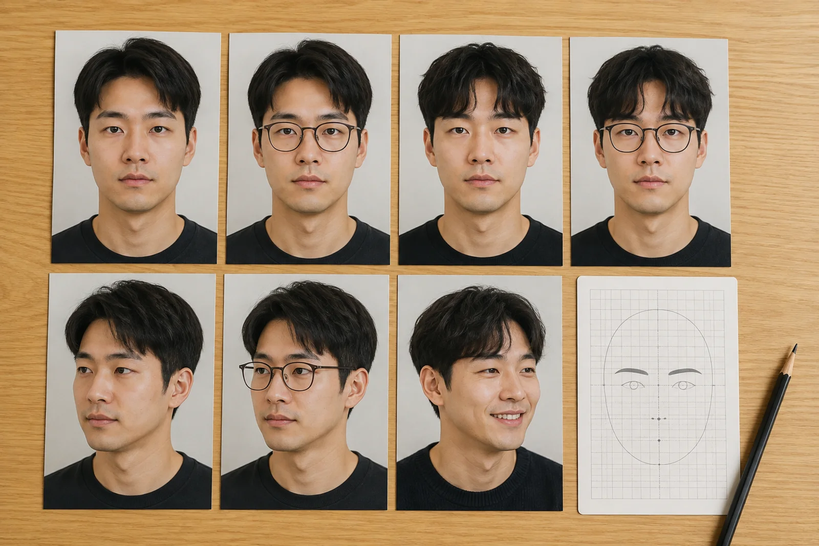 같은 한국 남성의 안경 착용과 말하는 표정 사진을 나란히 검토하는 밝은 책상