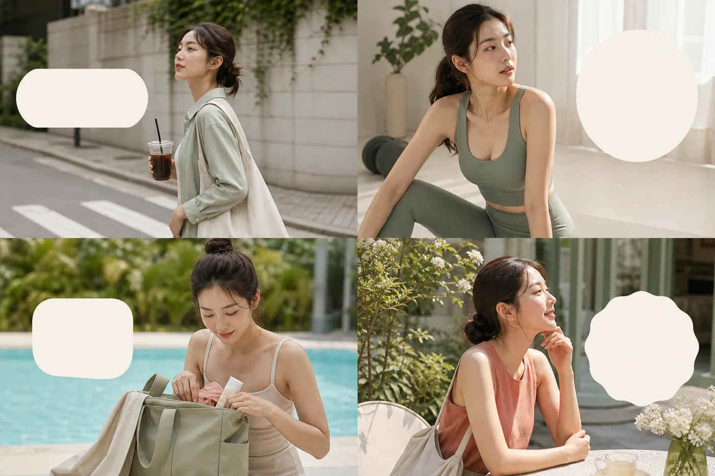 출퇴근 운동 물놀이 야외 약속을 네 장면으로 나눈 보드
