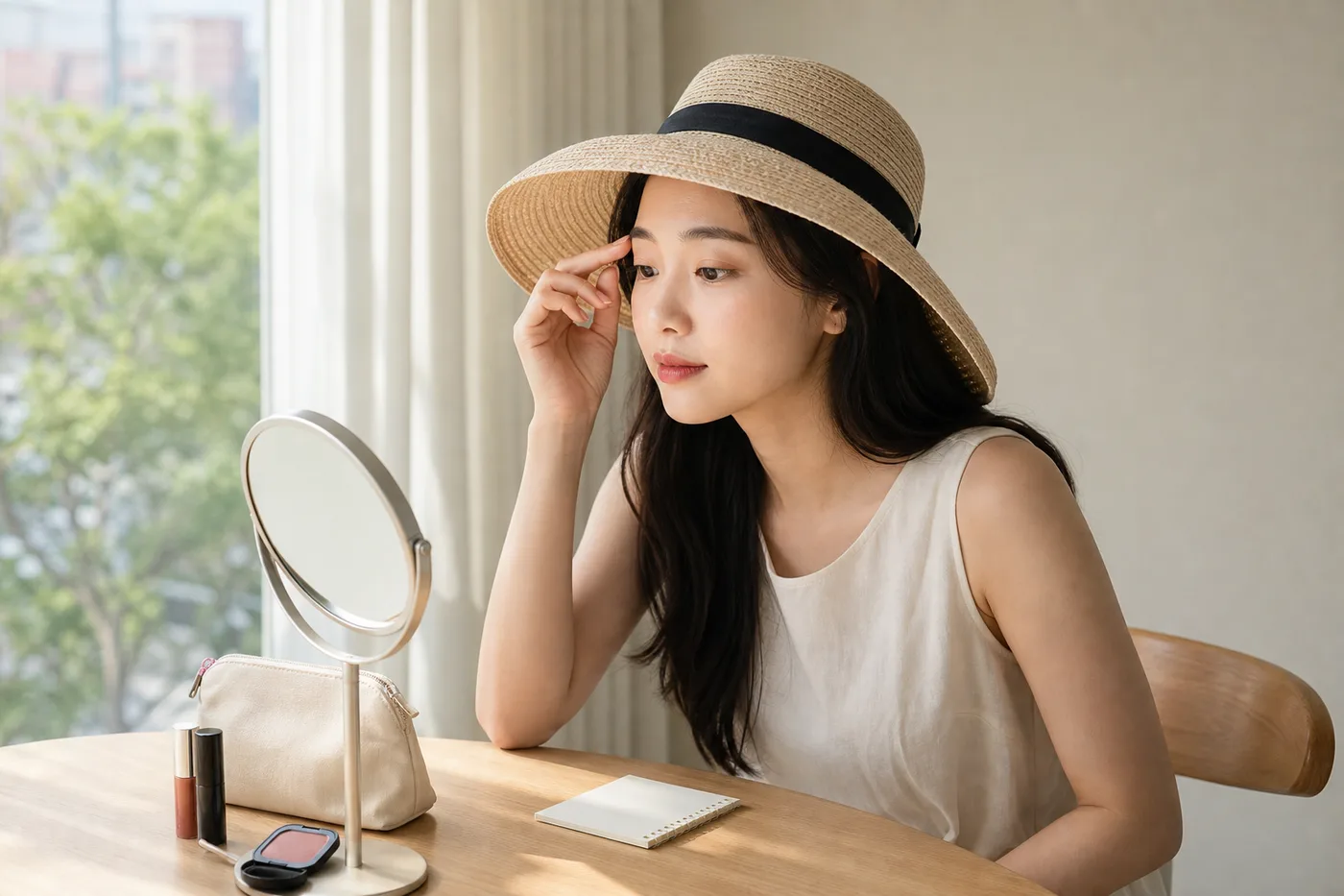 모자 거울 화장 파우치와 야외 체류 메모를 정돈한 책상