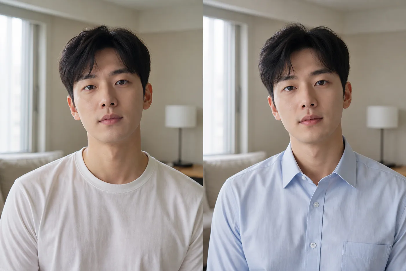 같은 조명에서 민낯과 평소 출근 인상을 비교한 성인 남성 사진 카드