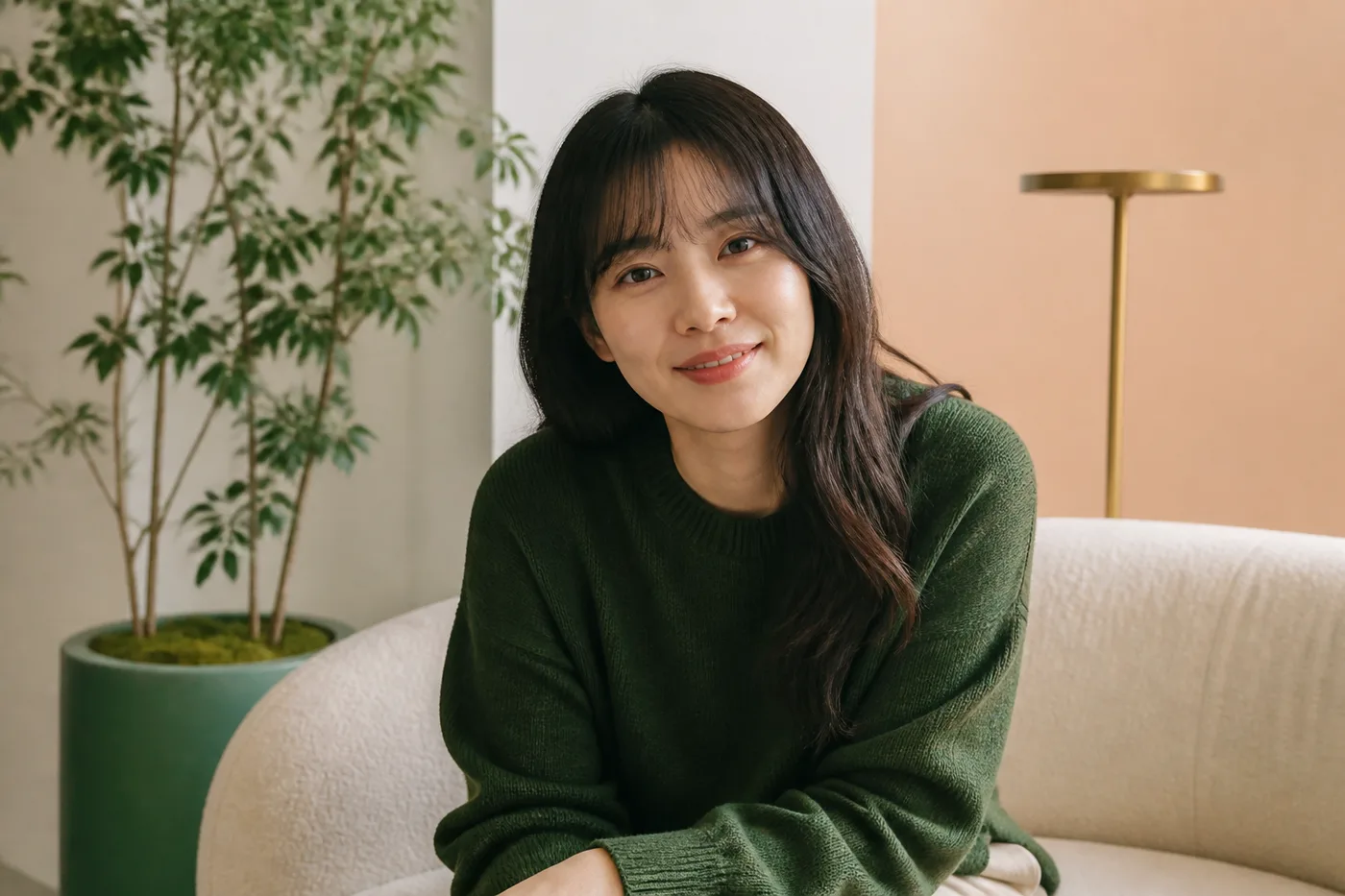 앉아 대화하는 거리에서 헤어와 눈썹의 전체 인상을 살펴보는 한국 여성
