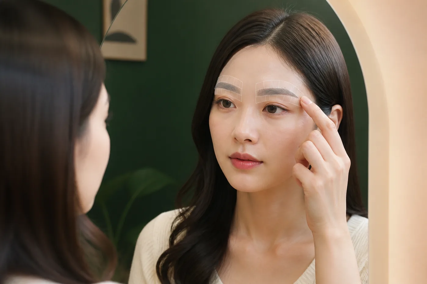 눈썹 앞머리 경계와 중앙 빈 구간을 부드러운 색 카드로 표시한 거울