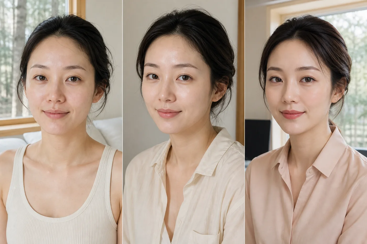 세안 직후 자외선 차단제 출근 화장을 세 프레임으로 비교하는 한국 여성