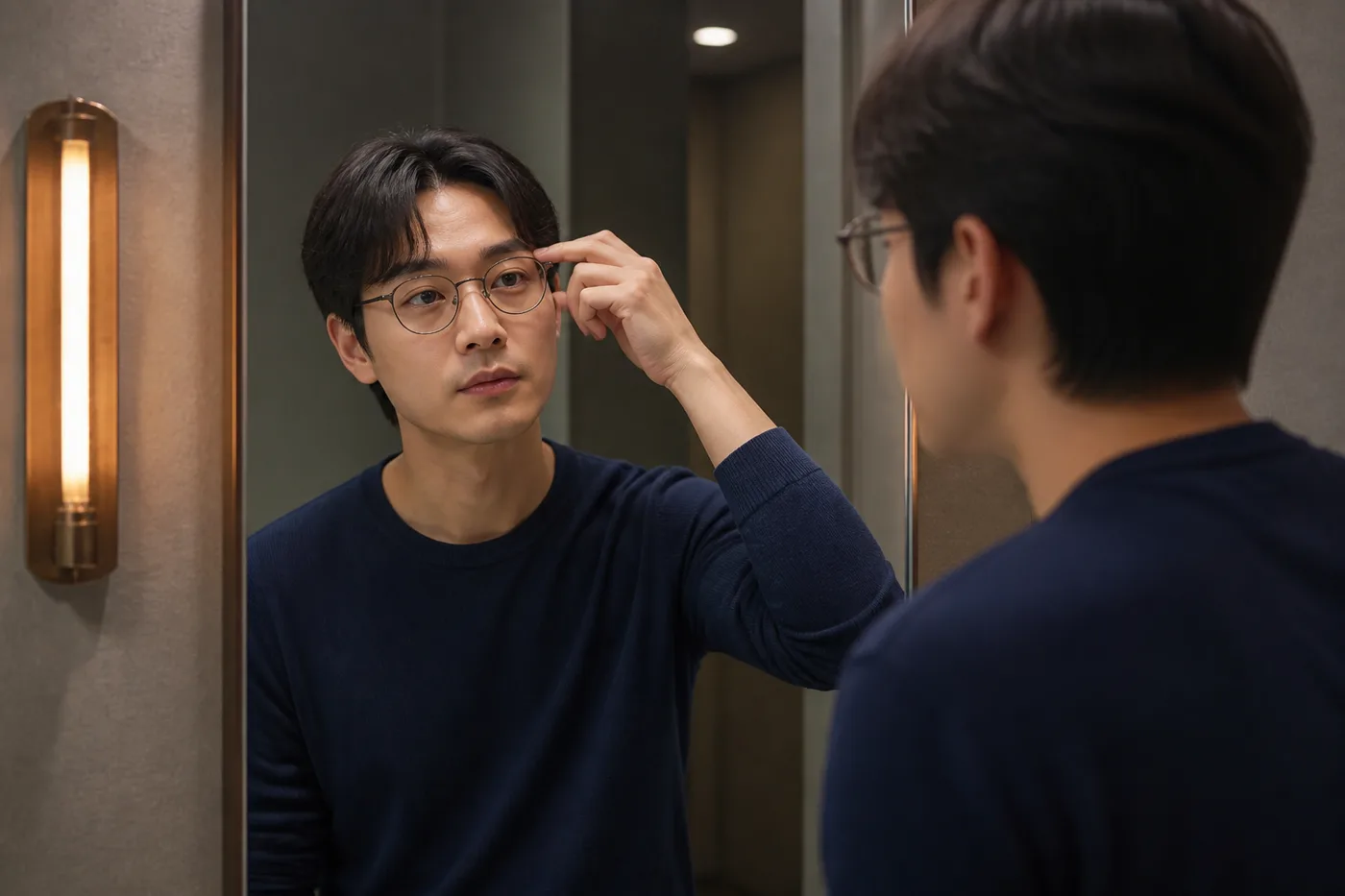 평소 안경과 헤어 상태에서 정면과 측면 눈썹 인상을 거울로 보는 한국 남성