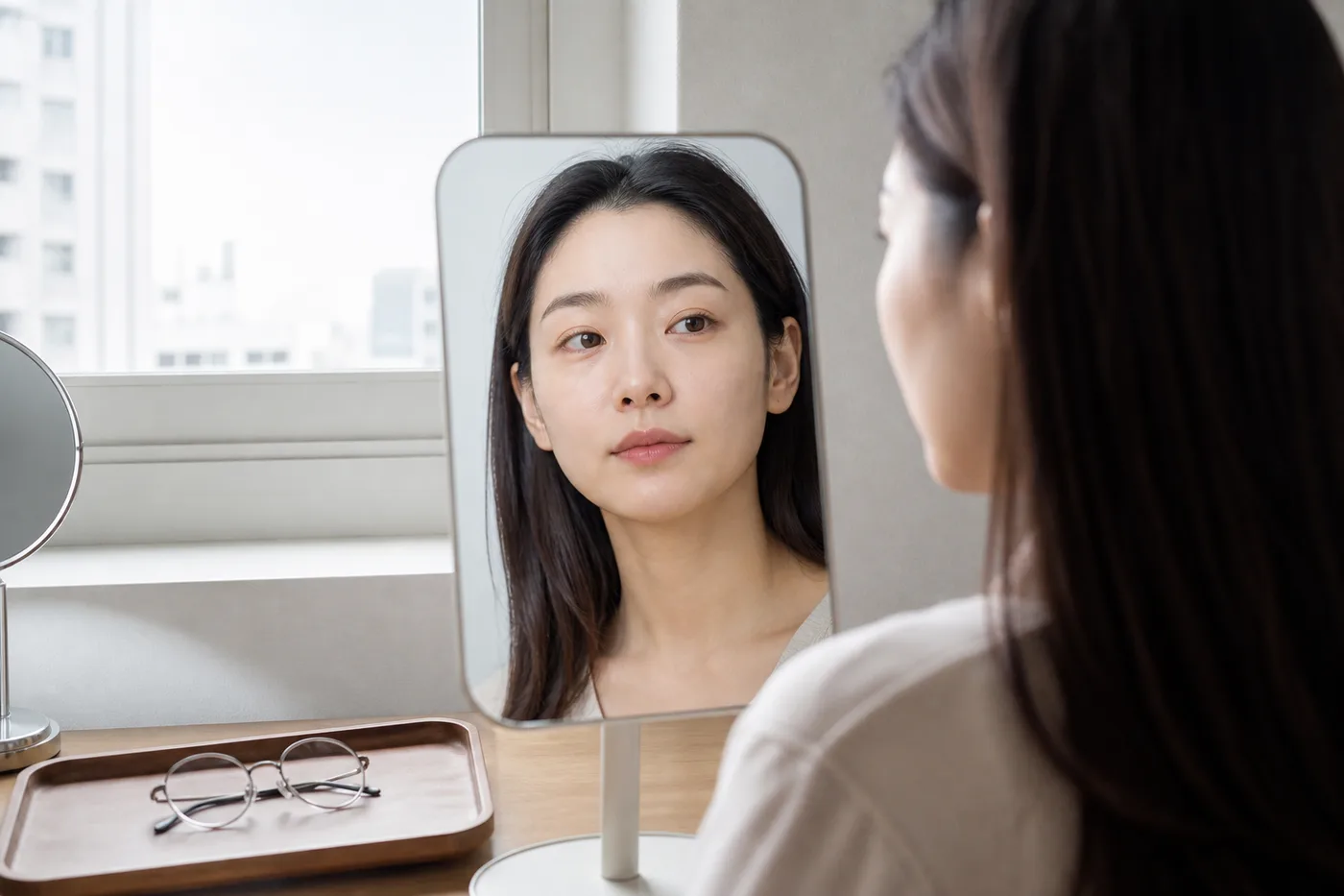 자연광 거울 앞에서 맨눈과 안경을 번갈아 보며 눈매를 확인하는 한국 여성