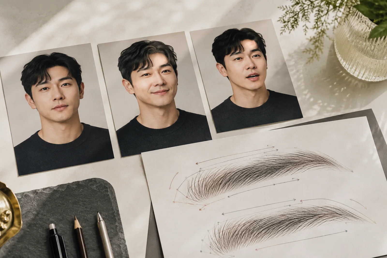 무표정과 말하는 표정 및 눈썹 털 방향 도안을 함께 검토하는 밝은 상담 책상