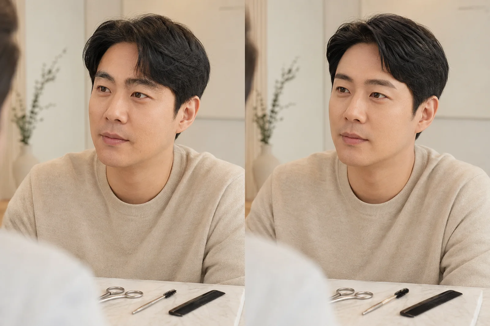 같은 한국 남성의 손질 전후 눈썹 사진과 작은 그루밍 도구를 나란히 둔 책상