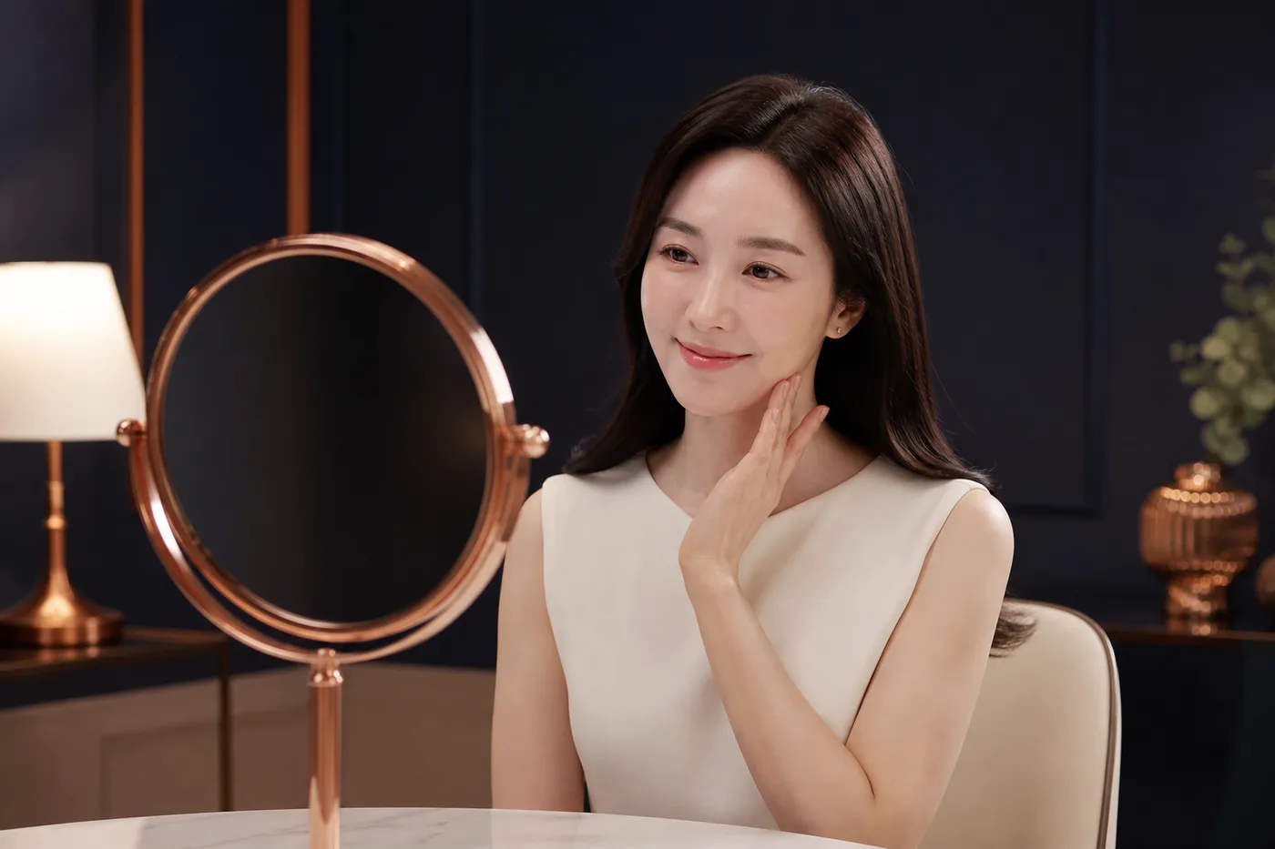 의자에 앉아 정면과 미소 표정의 눈썹선을 거울로 비교하는 한국 여성