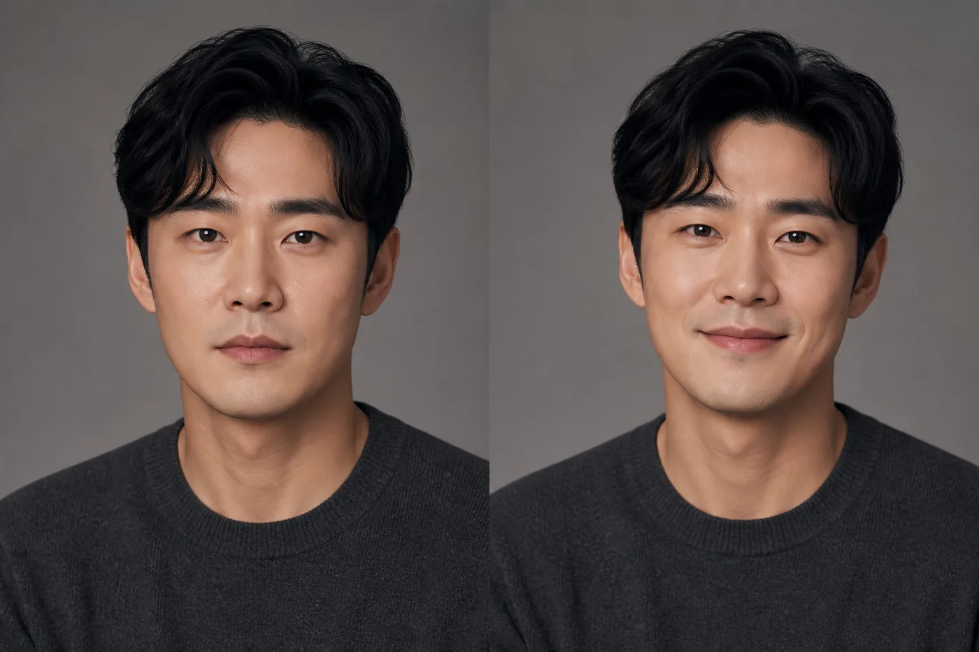 무표정과 자연스러운 미소에서 눈썹 높이를 비교하는 성인 한국인 남성