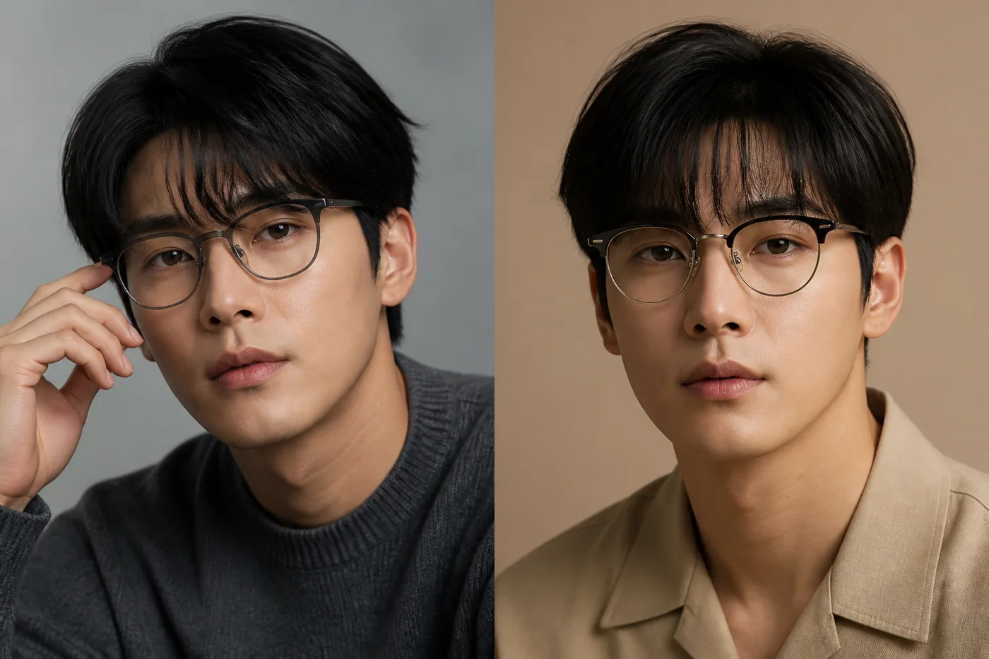 안경테와 앞머리가 눈썹 시작점과 꼬리에 겹치는 모습을 비교한 두 프레임