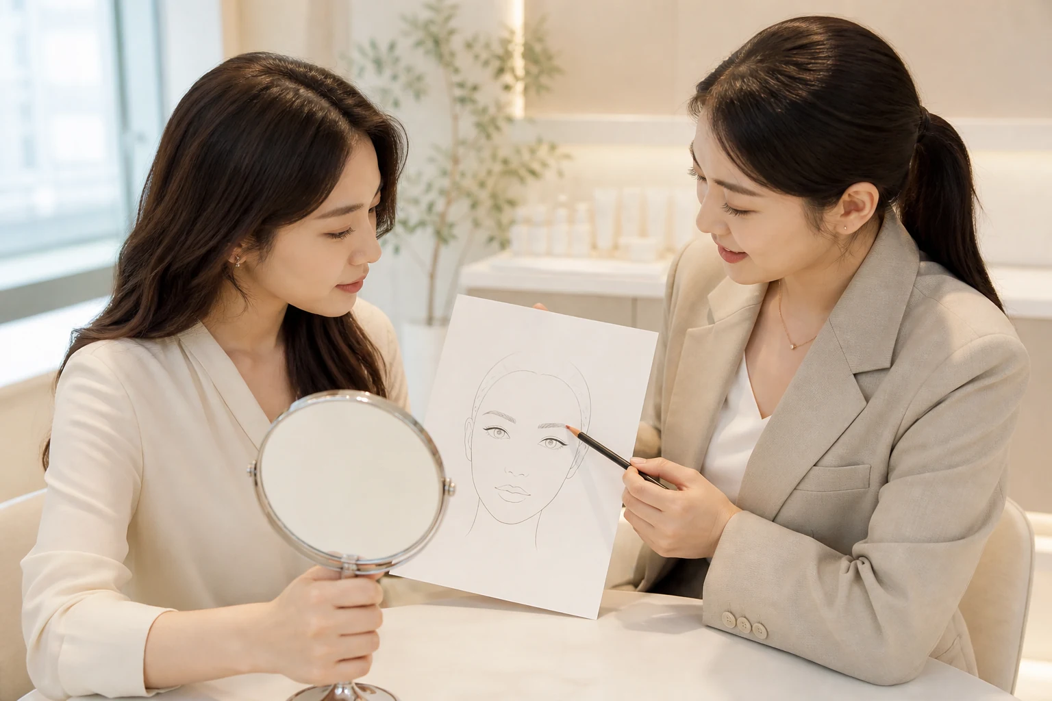 눈썹 앞머리 산 꼬리 구역을 나눈 디자인 메모와 거울