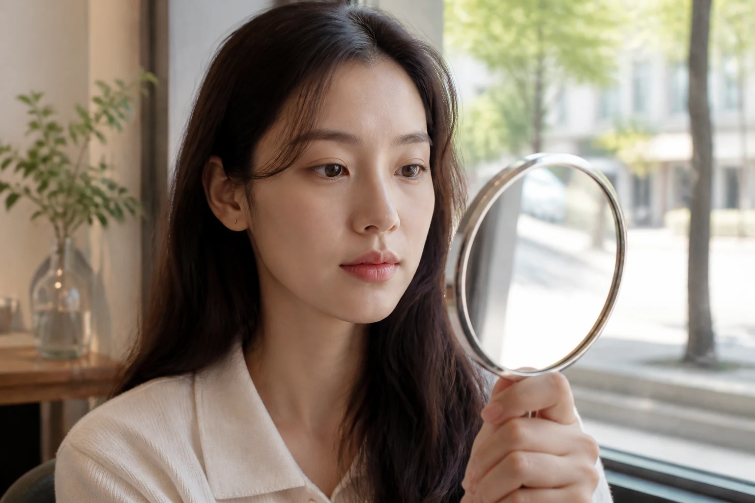 카페 창가 자연광에서 손거울로 입술과 얼굴 전체 인상을 확인하는 여성