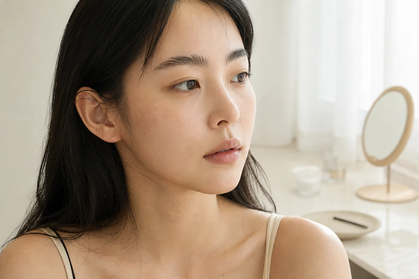 창가 자연광에서 빗지 않은 눈썹 앞머리와 얼굴 전체를 기록하는 한국 성인 여성