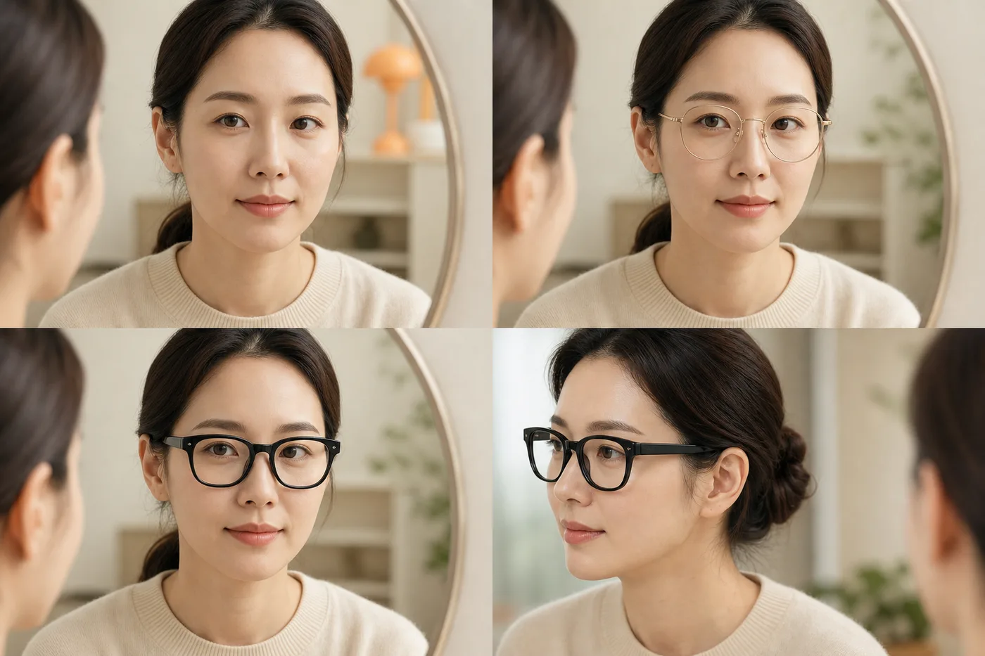 안경 없음 얇은 테 두꺼운 테 45도를 무문자 사진 네 장으로 나눈 보드