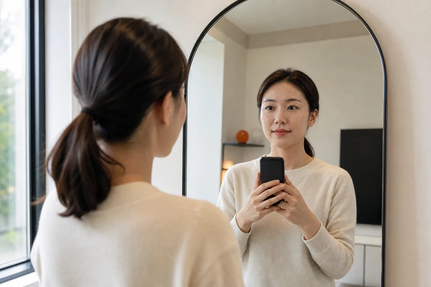 창가에서 안경을 벗고 눈썹 전체 원본을 기록하는 한국 성인 여성